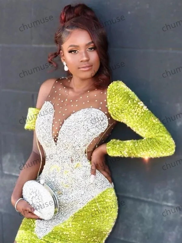 Vestidos de fiesta afroamericanos verdes con corte sirena, mangas largas, lentejuelas, vestidos de noche negros para niñas.