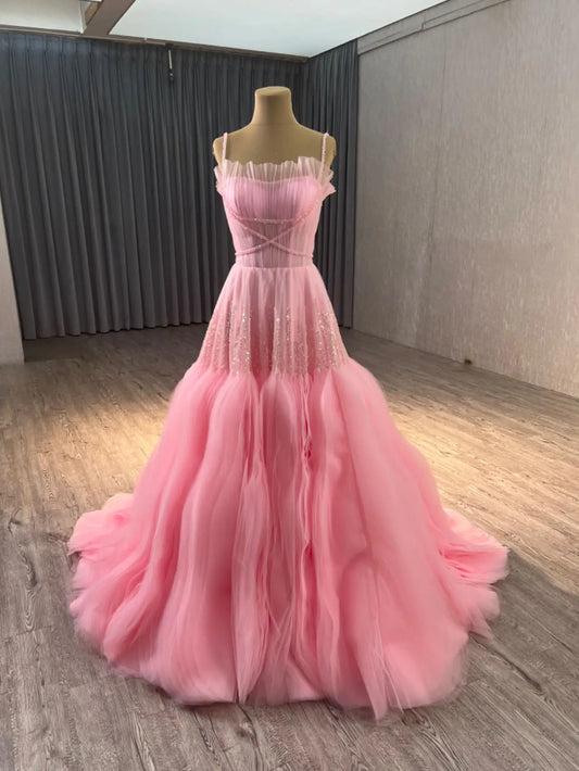 Vestido de noite rosa com alças finas e corte A para mulheres, elegante, vestido de convidado de casamento na Arábia Saudita