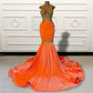Gold Lace Orange Mermaid Long Prom Dresses 2023 for Graduation Party Sexy Sheer Mesh Backless Women Custom Formal Evening Gown