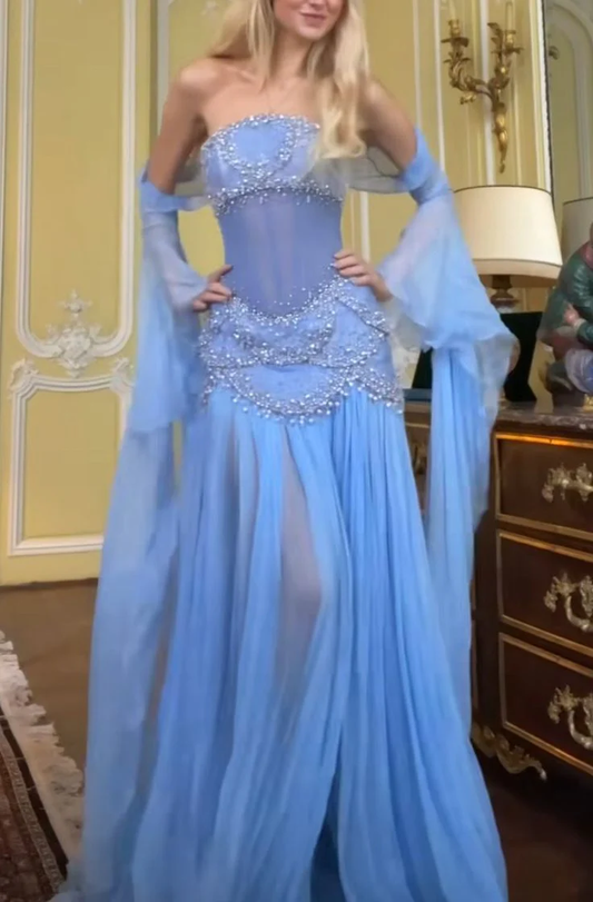 Sexy A Line Off The Shoulder Maxi Long Party Light Blue Chiffon Prom Dresses Evening Dress