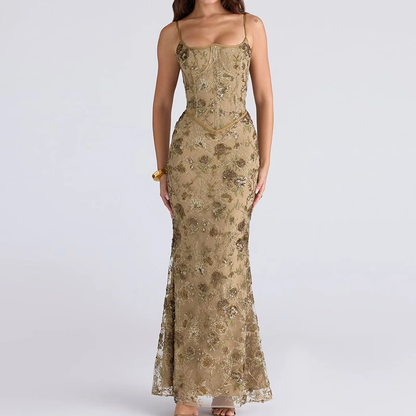 Sexy Backless Bandage Lace-Up Long Dress Women's Elegant Off Shoulder Height Waist Suspender Dress Casual Sleeveless Shinny Gowns