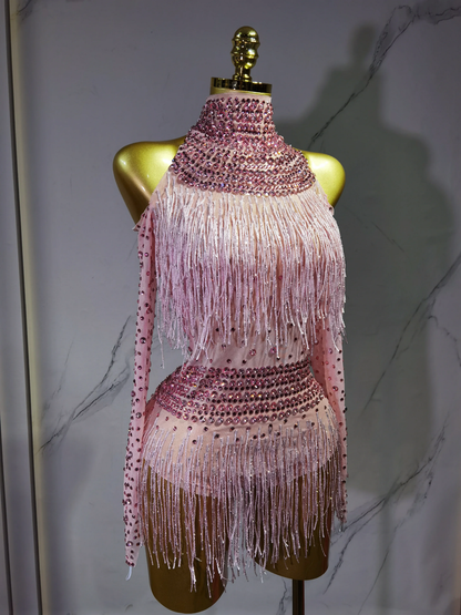 Sexy Performance Dance Costume Singer Dancer Stage Wear Sparkly Rhinestones Sequins Tassel Bodysuit for Women Birthday Outfit