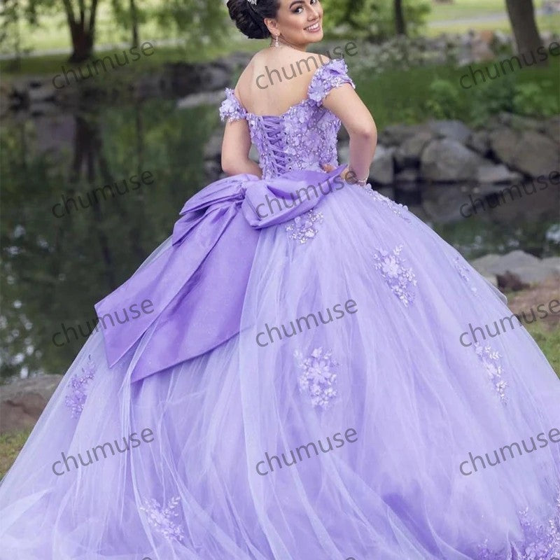 Vestidos de quinceanera lilás com apliques 3D para festa de 16 anos com cadarço e laço grande para festa de aniversário 