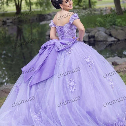 Vestidos de quinceanera lilás com apliques 3D para festa de 16 anos com cadarço e laço grande para festa de aniversário 
