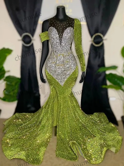 Vestidos de fiesta afroamericanos verdes con corte sirena, mangas largas, lentejuelas, vestidos de noche negros para niñas.