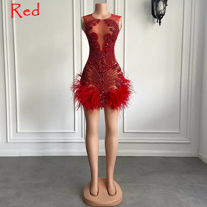Robe d'anniversaire de luxe rose diamant pour femme, sexy, transparente, plumes, pour occasion formelle, cocktail, robes de bal courtes noires pour filles 