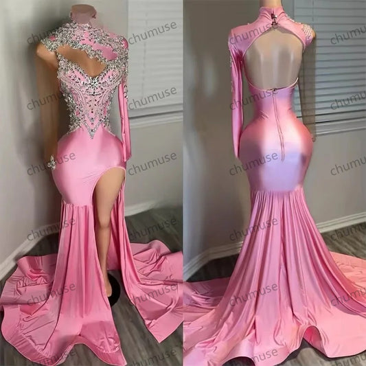 Vestido de baile longo rosa de luxo, mangas compridas, vestidos de noite, contas, cristais, gola alta, vestido de aniversário personalizado