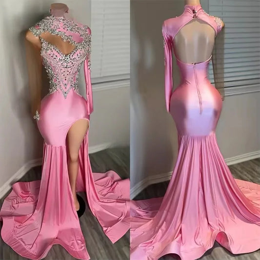 Vestido de baile longo rosa de luxo, mangas compridas, vestidos de noite, contas, cristais, gola alta, vestido de aniversário personalizado