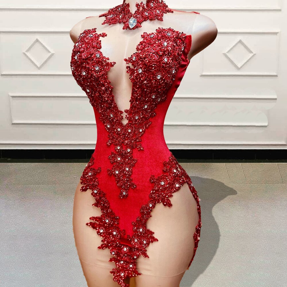 Robe de bal courte rouge diamant de luxe pour fête d'anniversaire, appliques perlées, robe de cocktail sexy transparente pour femmes