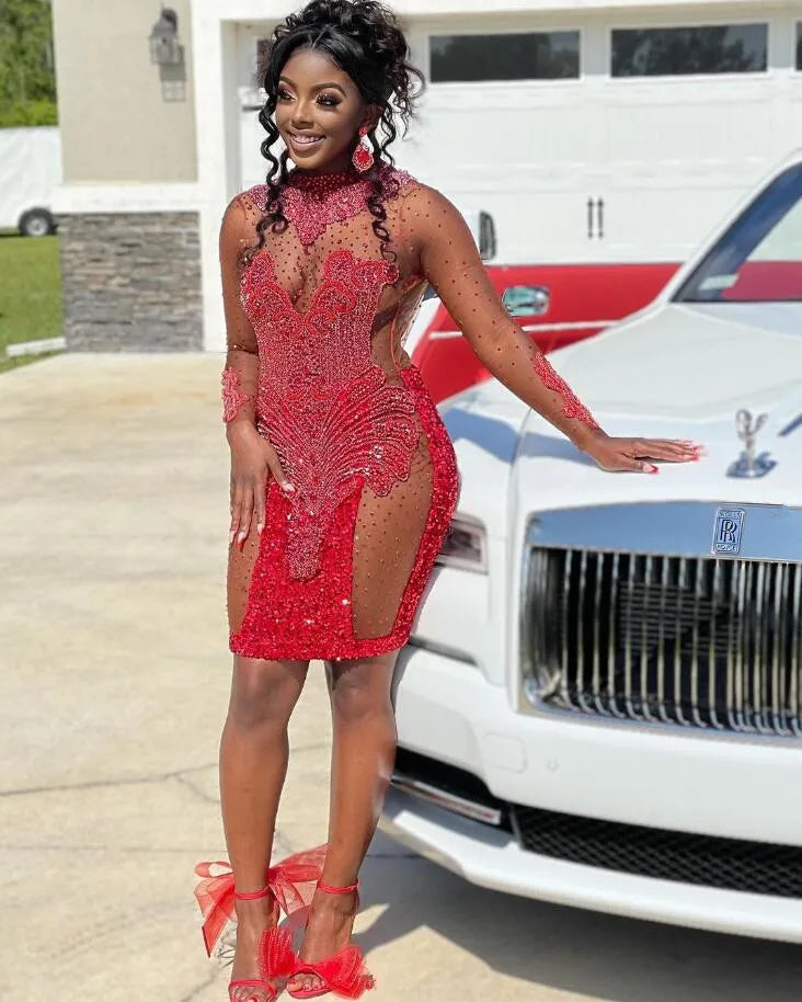 Robe de bal courte rouge rubis à manches longues, luxueuse robe de cocktail noire ornée de cristaux, idéale pour un anniversaire ou un bal.