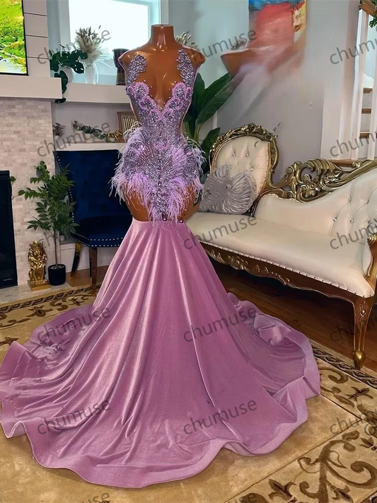 Vestidos de baile longos com decote redondo rosa para meninas negras com miçangas, cristais e strass 