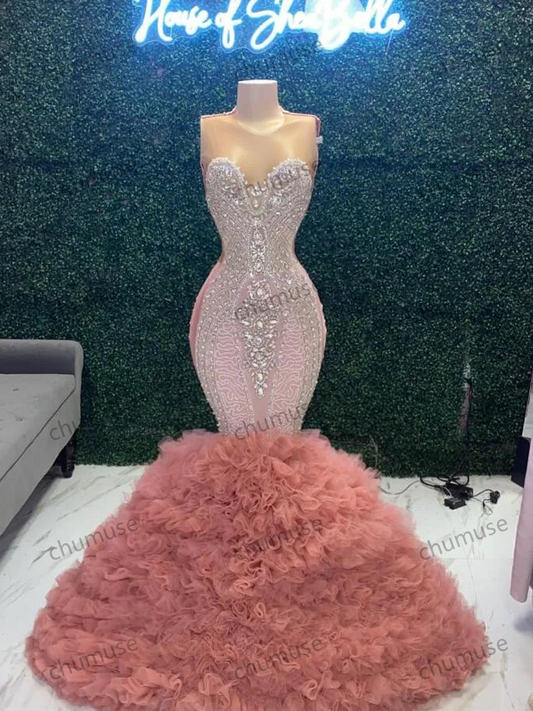 Vestidos de festa africanos brilhantes rosa para mulheres, saia luxuosa com babados de cristal e diamantes, vestido de noite
