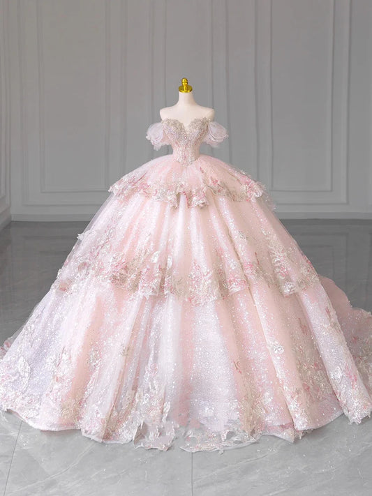 Vestido de noiva princesa rosa personalizado com um ombro só, estilo francês, cauda longa, para noiva civil