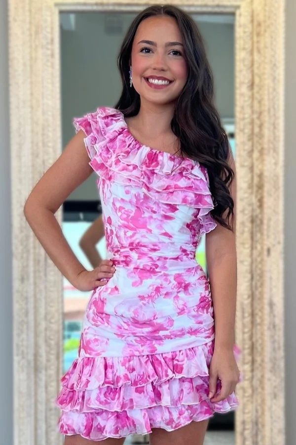 Sheath One Shoulder Floral Ruffles Chiffon Tiered Homecoming Dress
