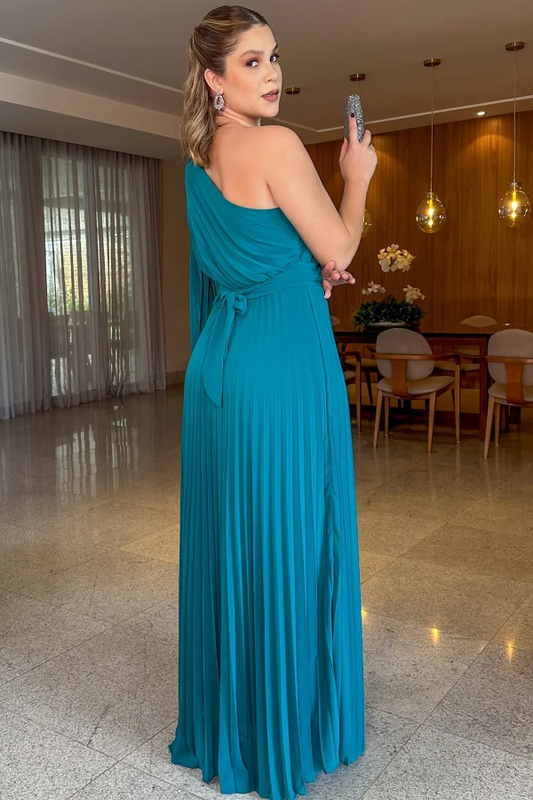 Simple A-Line One Shoulder Sleeveless Pleated Floor Length Prom Party Dress Evening Gown Cocktail Dress