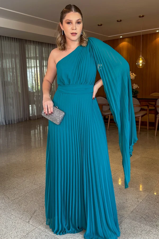 Simple A-Line One Shoulder Sleeveless Pleated Floor Length Prom Party Dress Evening Gown Cocktail Dress