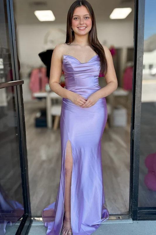 Simple & Casual Sheath V Neck Sleeveless Pleated High Side Slit and Train Back Zipper Prom Party Dress Bridesmaid Dress Cocktail Dress