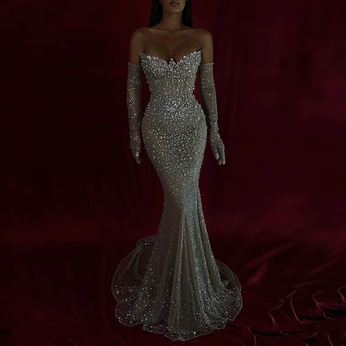Sparkle Silver Prom Dresses with Gloves Luxury Crystals Beaded Formal Party Dress African Birthday Dress Photoshoot Evening Gown