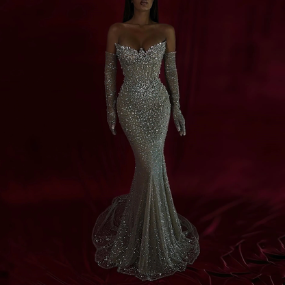 Sparkle Silver Prom Dresses with Gloves Luxury Crystals Beaded Formal Party Dress African Birthday Dress Photoshoot Evening Gown