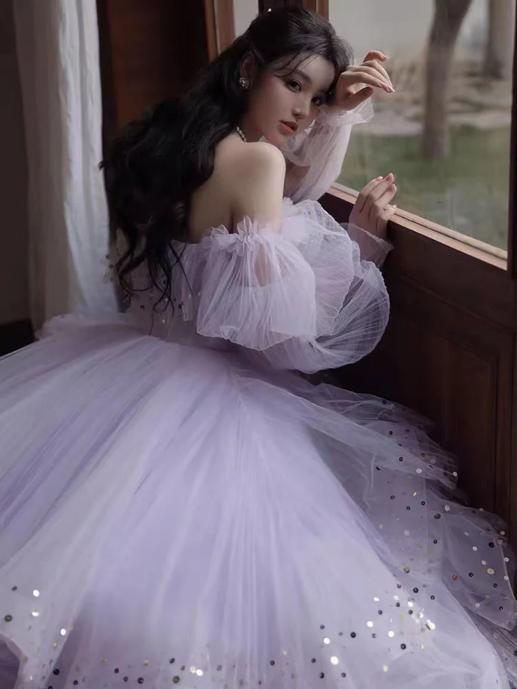 Sparkly Prom Dresses Purple Prom Dresses Robes Cocktail Off The Shoulder Prom Dresses Long Sleeve Prom Dresses