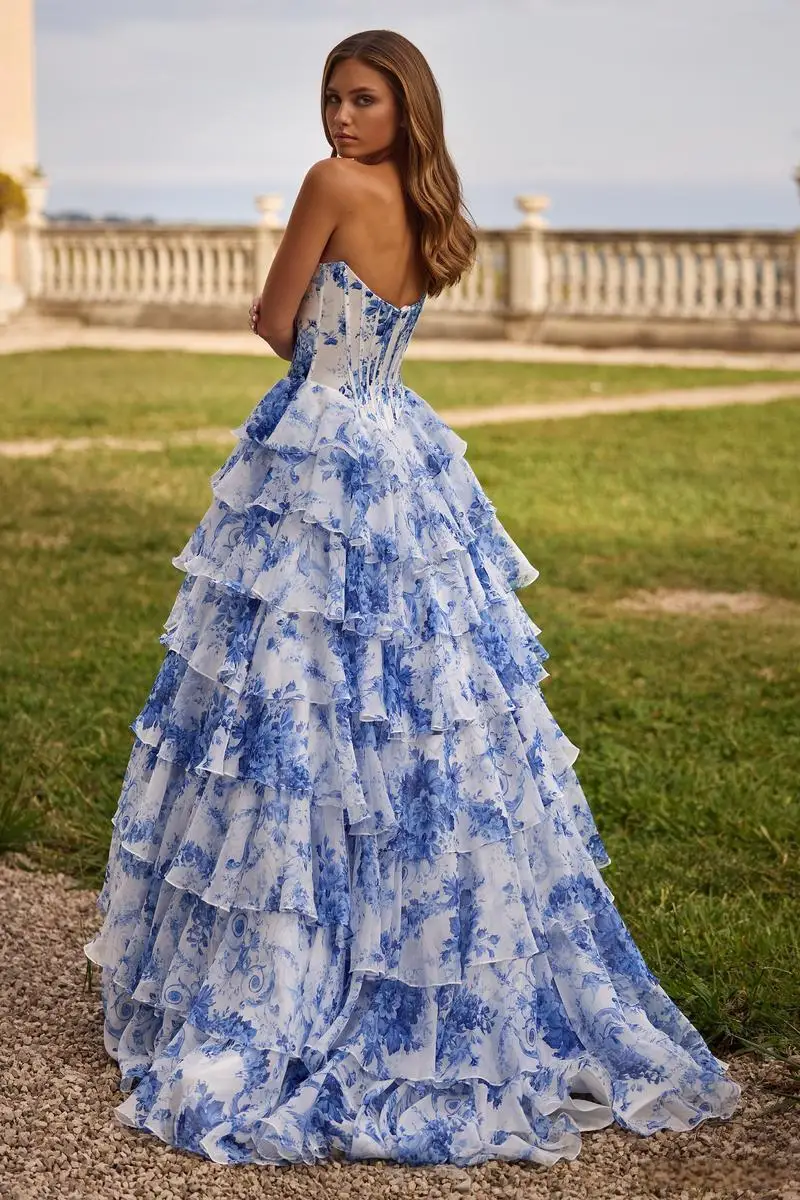 Stunning Off-Shoulder Blue & White Print Evening Gowns with High Slit Floral Long Tiered Ruffles Formal Prom Dresses
