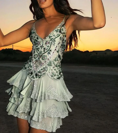 Vintage A line Spaghetti Straps Mint Green Chiffon Sequin Beaded Formal Grade Homecoming Dress Cocktail Dress