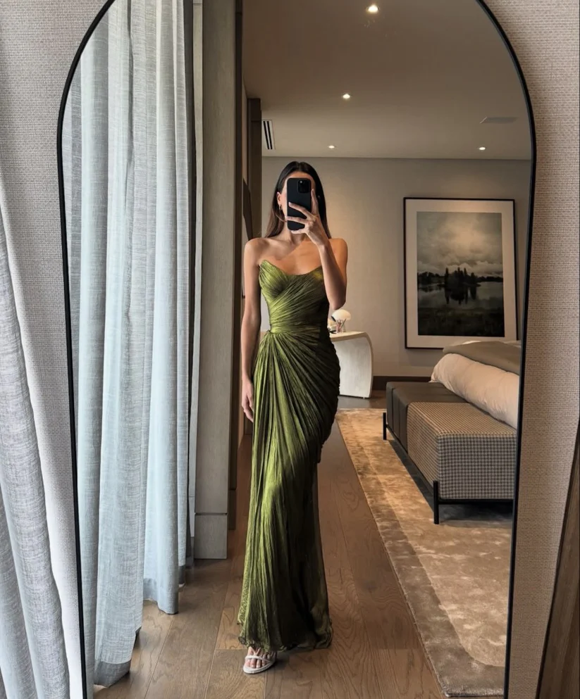 Vintage Green Strapless Tulle Pleated Mermaid Long Evening Dress Formal Guest Dress