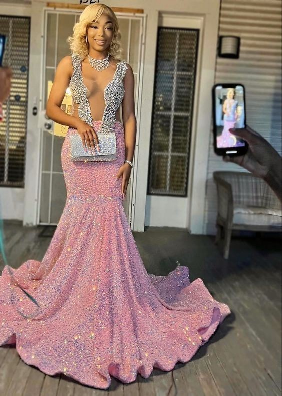 Robes de bal roses scintillantes, robe de soirée sirène rose à paillettes sexy pour bal de promo