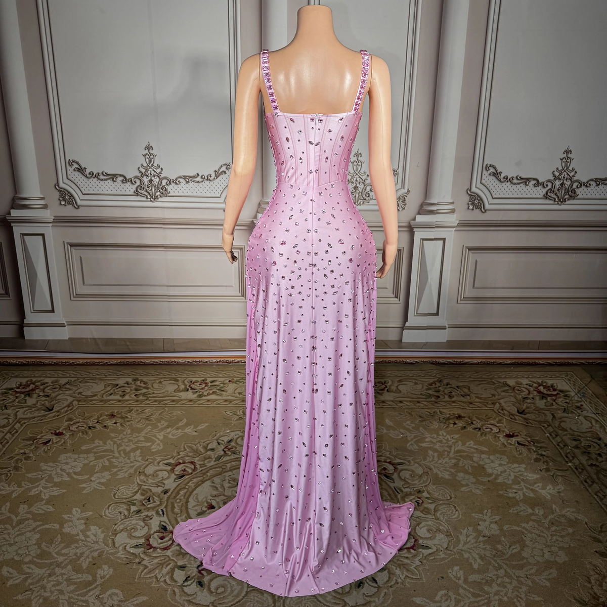 Women Luxury Pink Spaghetti Strap Crystal Drapped Open Leg Bright Long Comfortable Soft Birthday Celebrity Evening Party Gowns