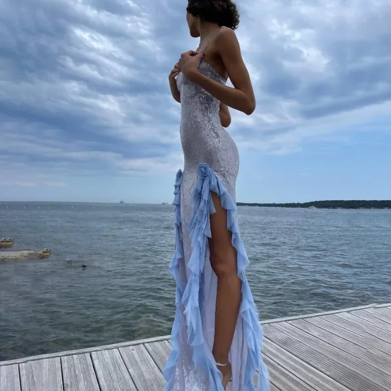 Women Summer Sexy Sequin Wooden Dress Flower Raw Edge Slip Dress Evening Dress