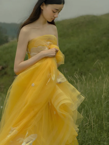Yellow A Line Strapless White Appliques Tulle Long Prom Dress Party Dress