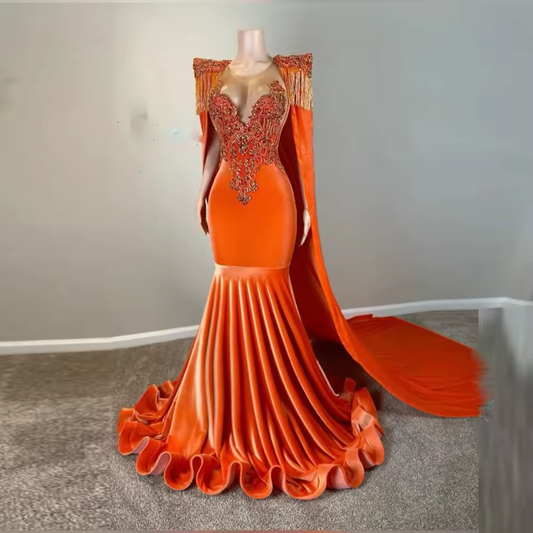 Vestidos de noche estilo capa naranja con cuello transparente, apliques de encaje, sirena, vestidos de fiesta con volantes para mujer, vestido formal para ocasiones especiales y fiestas.