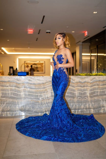 Novo vestido longo de baile azul royal sereia com cauda vestidos de noite sensuais