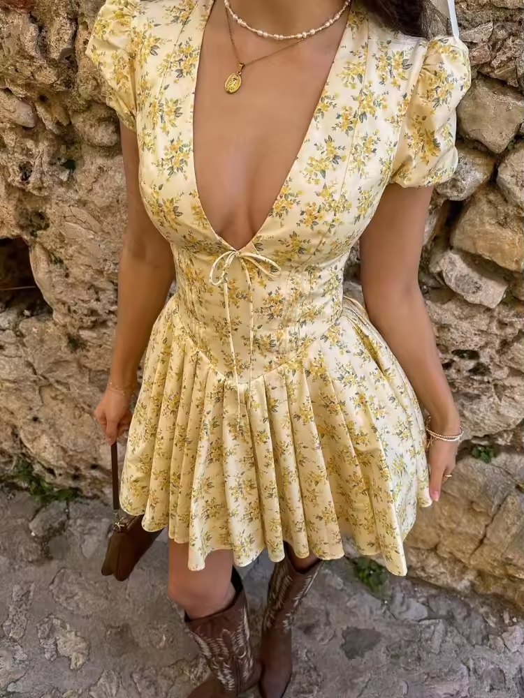 Sexy Deep V Neck Women's Dresses Summer Fashion A-line Dress Female High Waist Pleated Printed Beach Party Dresses