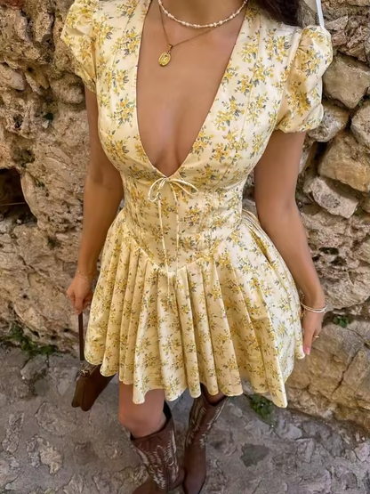 Sexy Deep V Neck Women's Dresses Summer Fashion A-line Dress Female High Waist Pleated Printed Beach Party Dresses