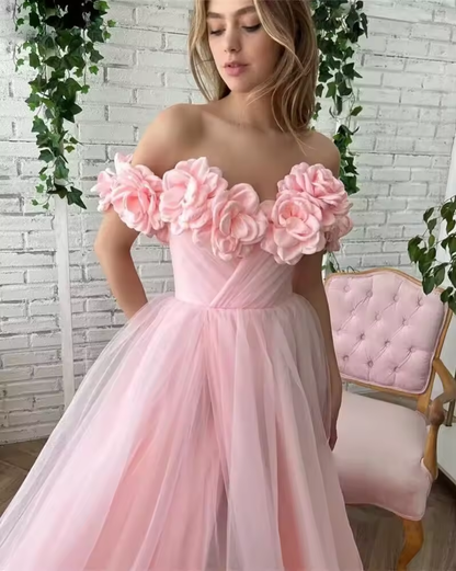 Peach Pink Flowers Off the Shoulder Graduation Dresses Tulle A-line 3D Flower Side Slit Floor-Length Prom Dress Teen's Ball Gown