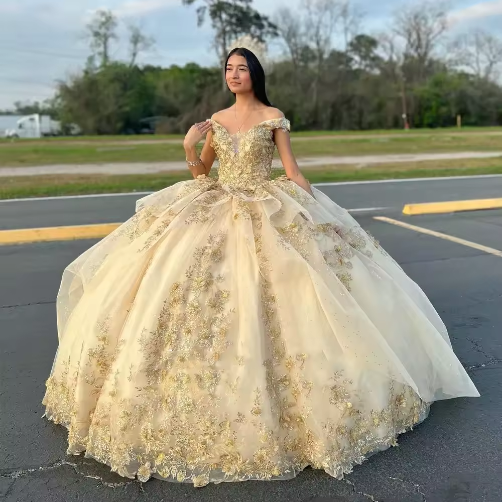 Robe de bal princesse Quinceanera, épaules dénudées, avec des Appliques en dentelle, Corset doré, fleurs 3D, à volants, Para XV Años