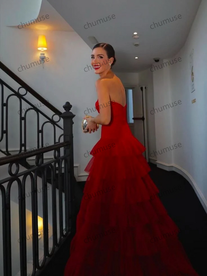 Robe de bal rouge sans manches, haut tube, longueur au sol