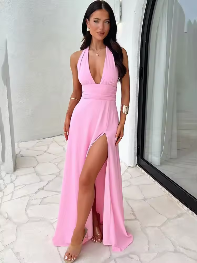 Halter Backless Maxi Dress For Women Lace Up Plunge Higt Waist Split Sexy Holiday Long Dress Elegant Club Party Vestidos