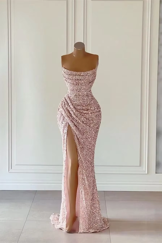 Vestidos de baile personalizados com glitter rosa, costas nuas, sem alças, fenda lateral, sereia, coquetel, festa