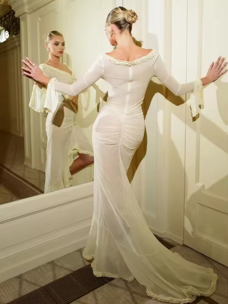 Vestido feminino com decote em V profundo e transparente, elegante, slim, vazado, para férias, praia, sexy, com babados e fenda, para noite