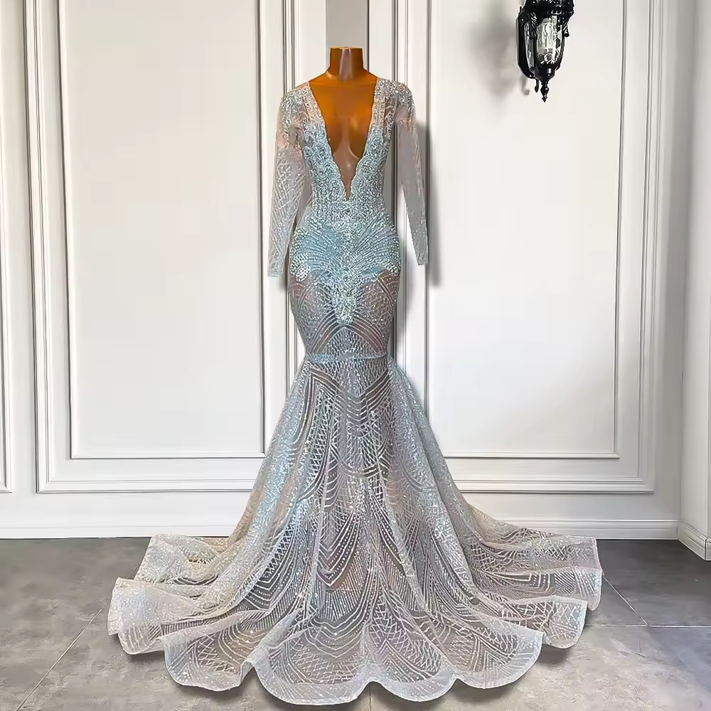 Vestidos de fiesta de manga larga 2025, sexys, brillantes, de lujo, estilo sirena, transparentes, con diamantes plateados y negros, para fiesta de graduación y gala.