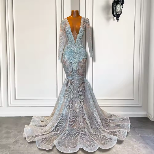 فساتين حفلات التخرج بأكمام طويلة 2025، فساتين حفلات التخرج الفاخرة، تصميم حورية البحر، شفافة، باللون الفضي والألماسي، باللون الأسود، للفتيات