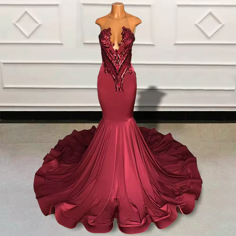 Vestido de fiesta de sirena con lentejuelas brillantes para niñas negras 2025, vestido de noche de fiesta de graduación de malla transparente para mujeres, vestido formal largo personalizado