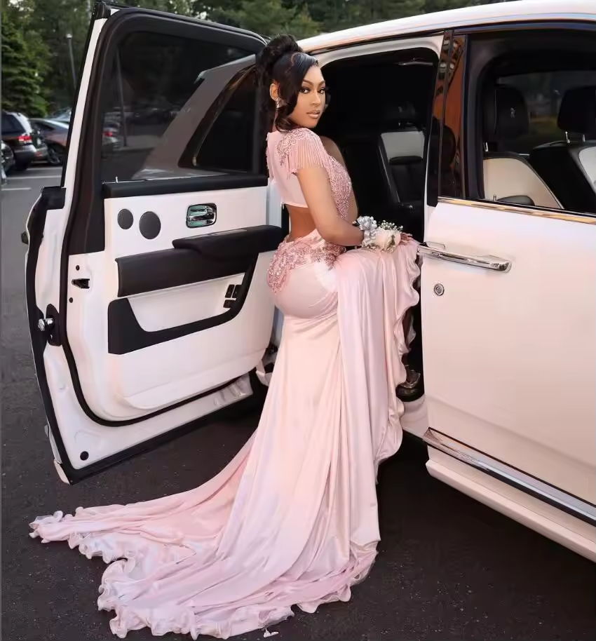 Robe de soirée sirène rose pêche scintillante, robe de bal d'anniversaire, luxueuse robe de soirée à pompons et cristaux, traine chapelle, robe de soirée pour fille noire