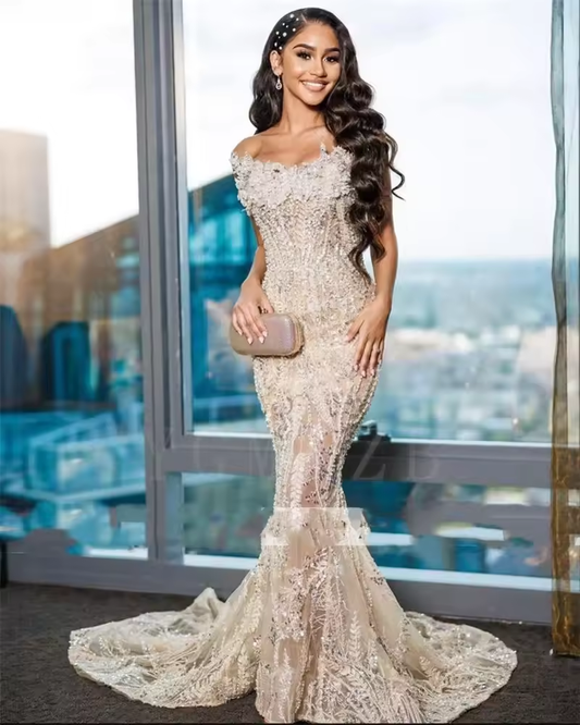 Vestidos de fiesta color champán 2025 de lujo con cuentas de sirena y encaje negro para niñas, vestidos largos formales de noche para fiesta de gala, vestidos de graduación personalizados