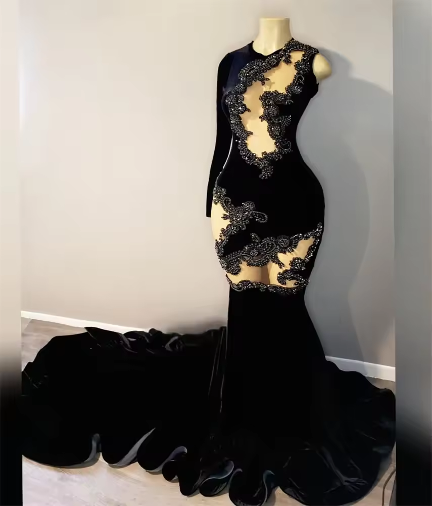 Vestido longo preto para baile de formatura para meninas negras, veludo, um ombro, miçangas, cristais, diamantes, vestido de festa de aniversário, vestido de festa personalizado