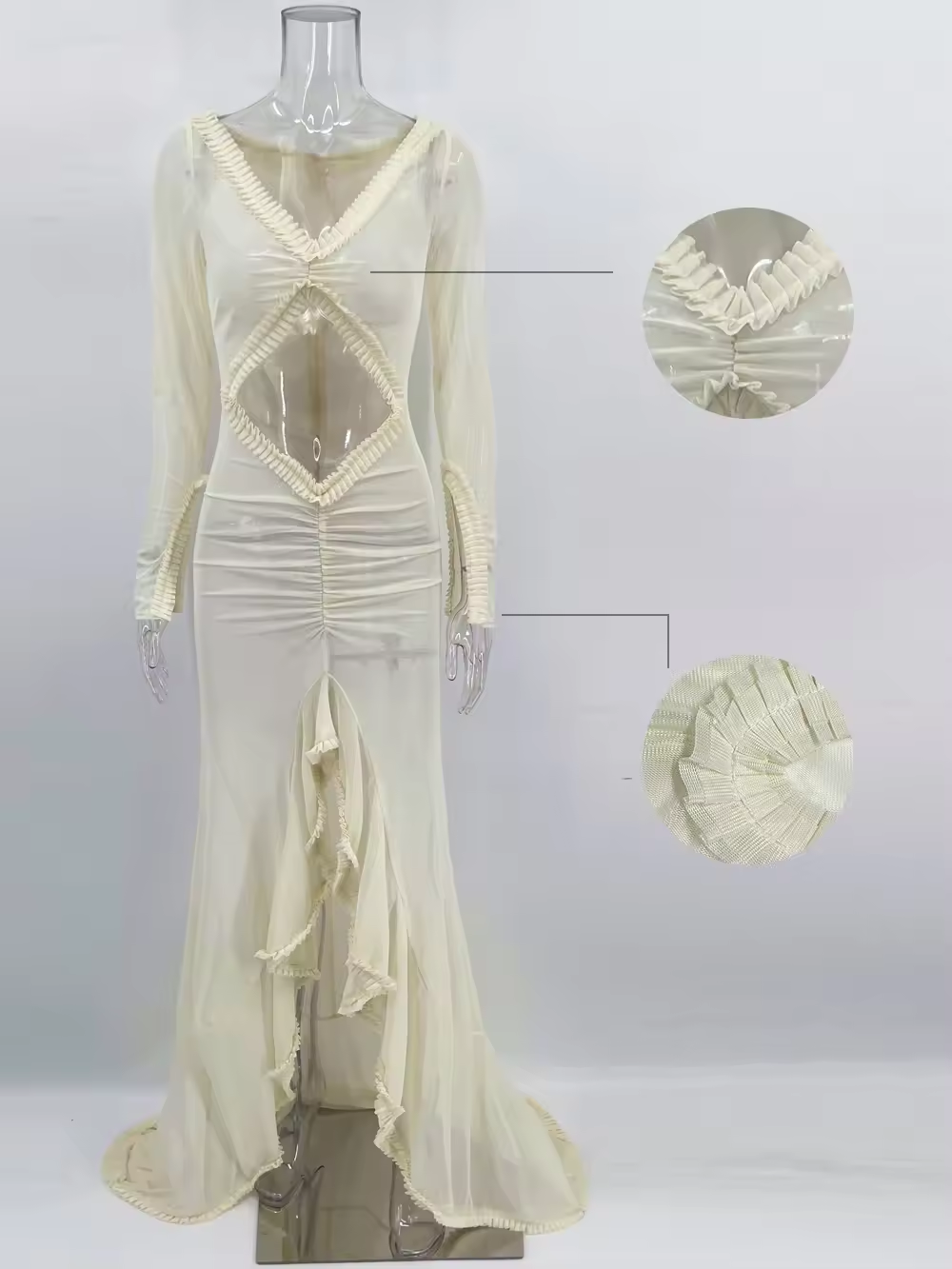 Vestido feminino com decote em V profundo e transparente, elegante, slim, vazado, para férias, praia, sexy, com babados e fenda, para noite