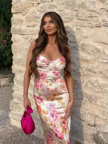 Summer Spaghetti Strap Floral Print Party Dresses Elegant Maxi Bodycon Wedding Guest Holiday Dress New In Dress