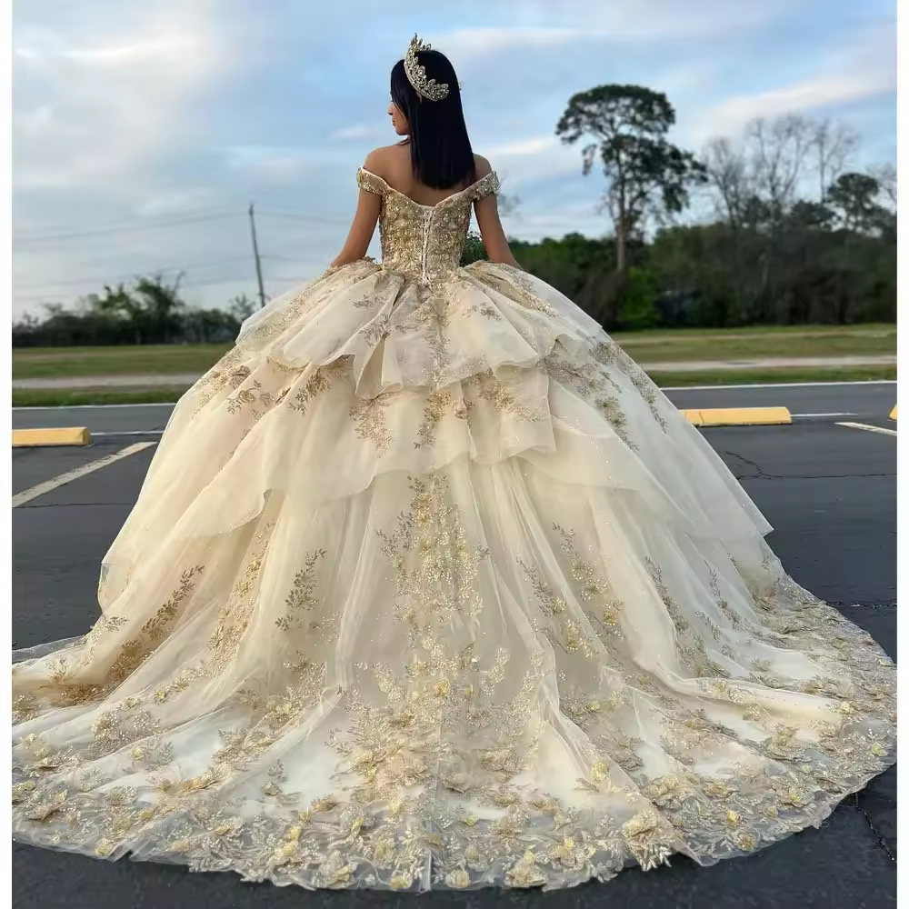 Robe de bal princesse Quinceanera, épaules dénudées, avec des Appliques en dentelle, Corset doré, fleurs 3D, à volants, Para XV Años